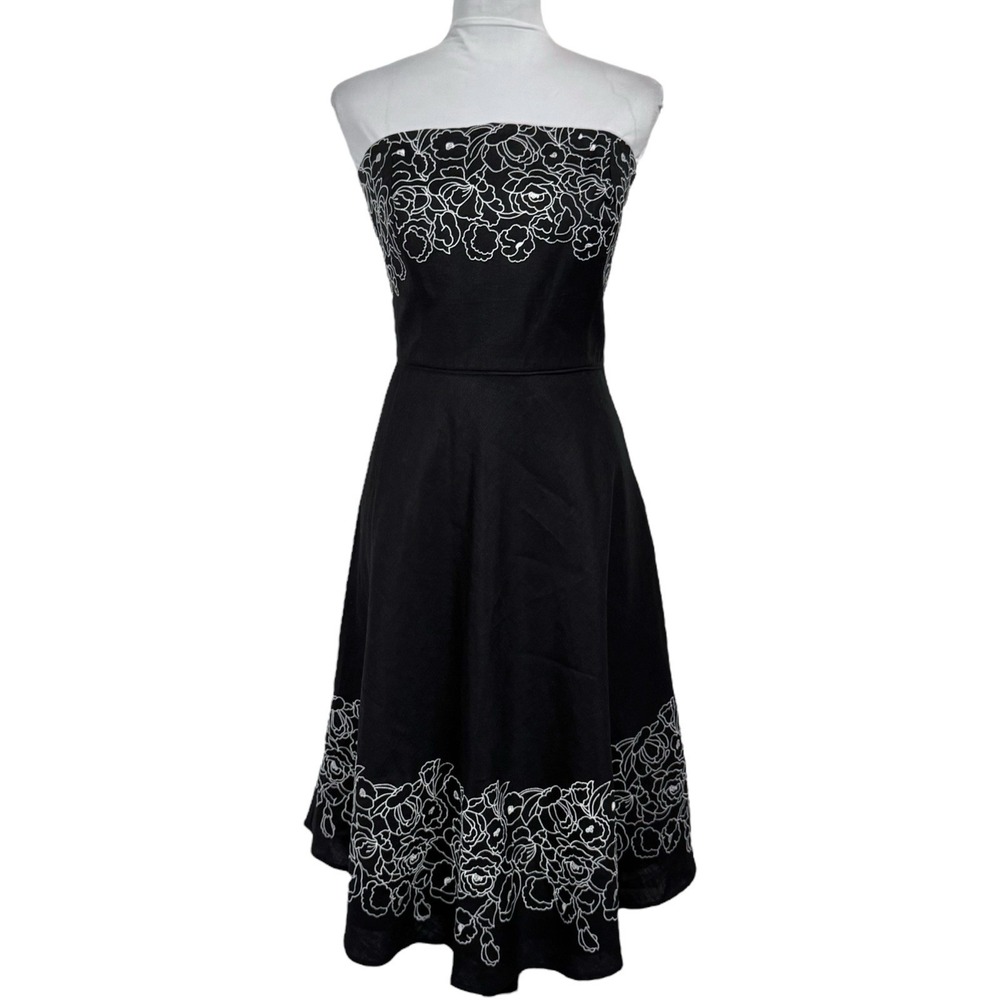 LOFT Floral Embroidered Strapless Fit & Flare Midi Dress Size 10 Linen Blend